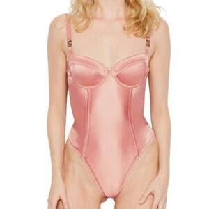 Victoria's Secret Logo Hardware Satin Bustier Bodysuit Large Teddy Thong Pink